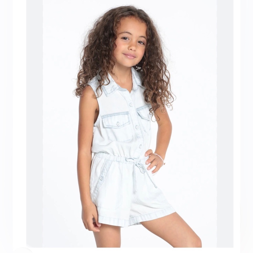 Bella Dahl Girls 8 Utility Pocket Romper in White Out Denim Glow Wash - EUC!